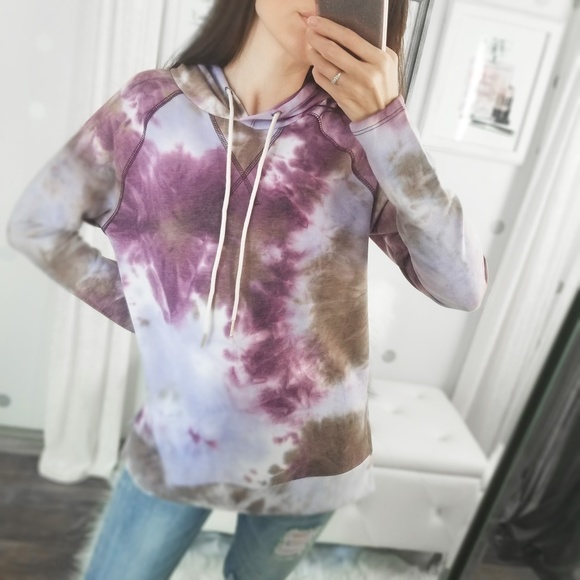 Fall Pullover Tie Dye Hoodie Tops Purple Taupe Comfy Tops - Picture 4 of 9